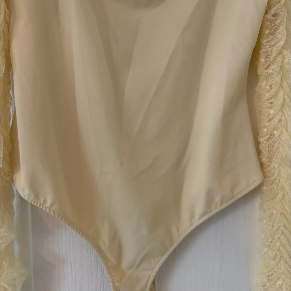 Free People Must Be Love Bodysuit Mesh Ruched Sleeve Square Neck in Ivory L
